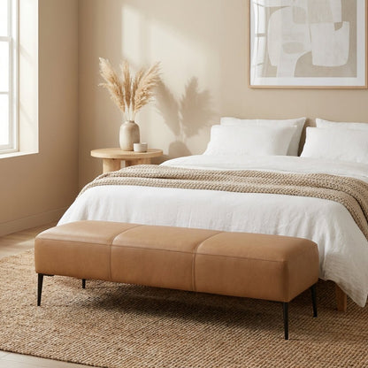 Camel Upholstered Bench with Metal Legs