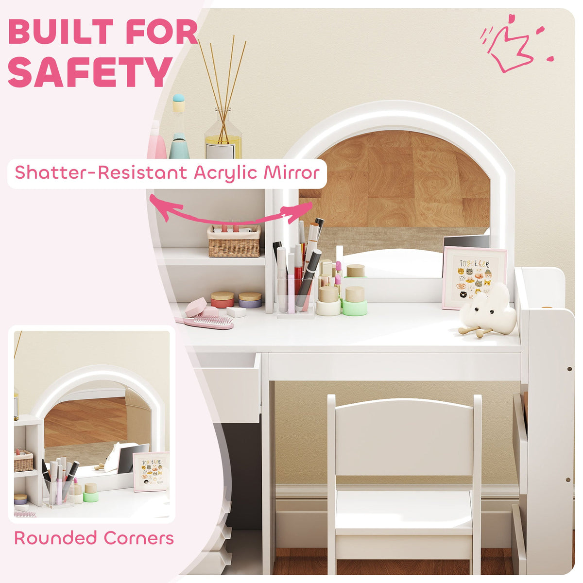 Kids Vanity Set, Toddler Dressing Table and Chair Set with Lighted Mirror, Cabinet, Drawer and Shelves, Pink