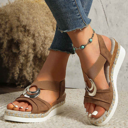 Plus Size Women's Metal Buckle Decorative Hemp Rope Wedge Light Bottom Peep Toe Sandals