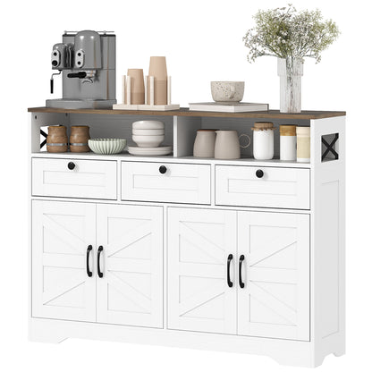 Sideboard, Buffet Cabinet with 4 Barn Doors and 3 Drawers, Coffee Bar Cabinet with Adjustable Shelves, Black