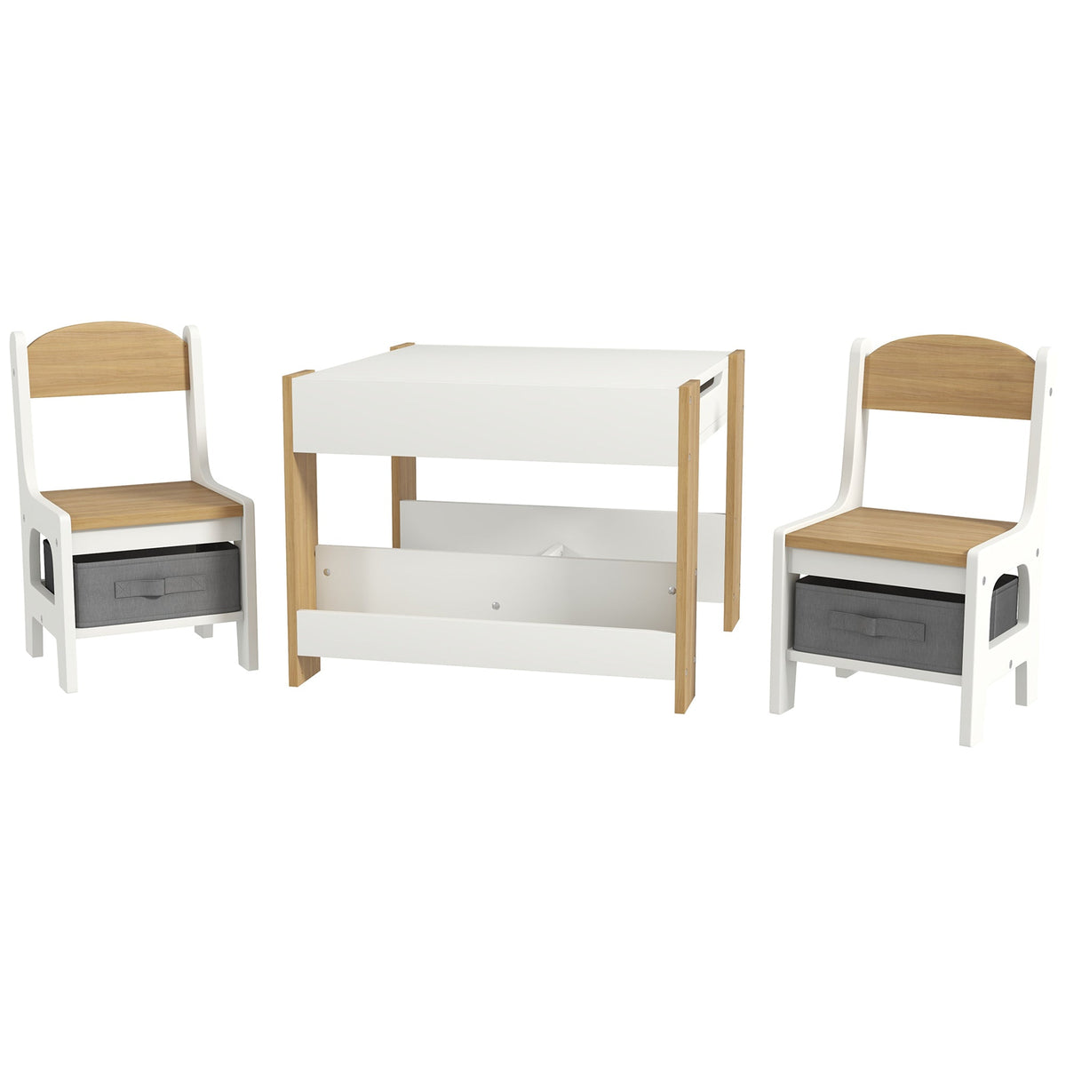 3 Piece Kids Table and Chair Set with Reversible Tabletop, Blackboard, Storage, Bookshelf, for Playroom, Nursery, Grey