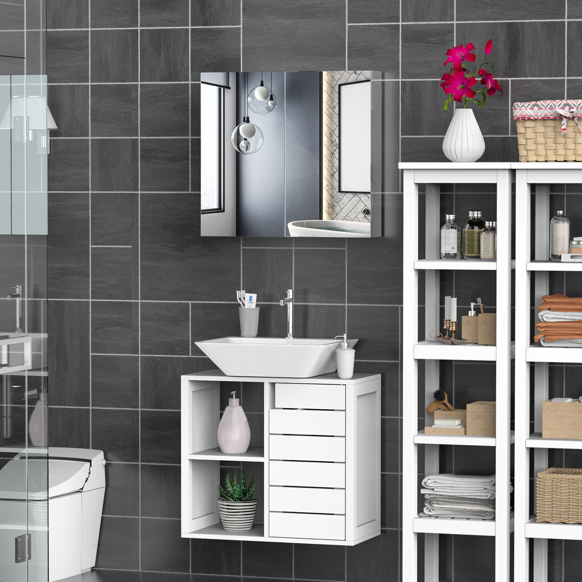 Wall Mounted Mirror Cabinet, Bathroom Medicine Cabinet with Mirror, 2 Doors and 3-tier Shelving, Silver