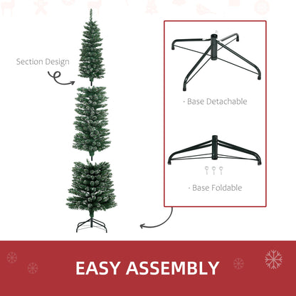 6FT Artificial Snow Dipped Christmas Tree Xmas Pencil Tree Holiday Home Indoor Decoration with Foldable Black Stand, Green