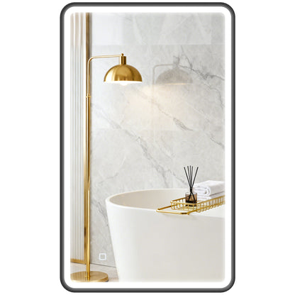 40" x 24" Bath Mirror with LED Lights, Wall Mounted Restroom Mirror, 3 Colours, Dimmable, Horizontal/Vertical, Black