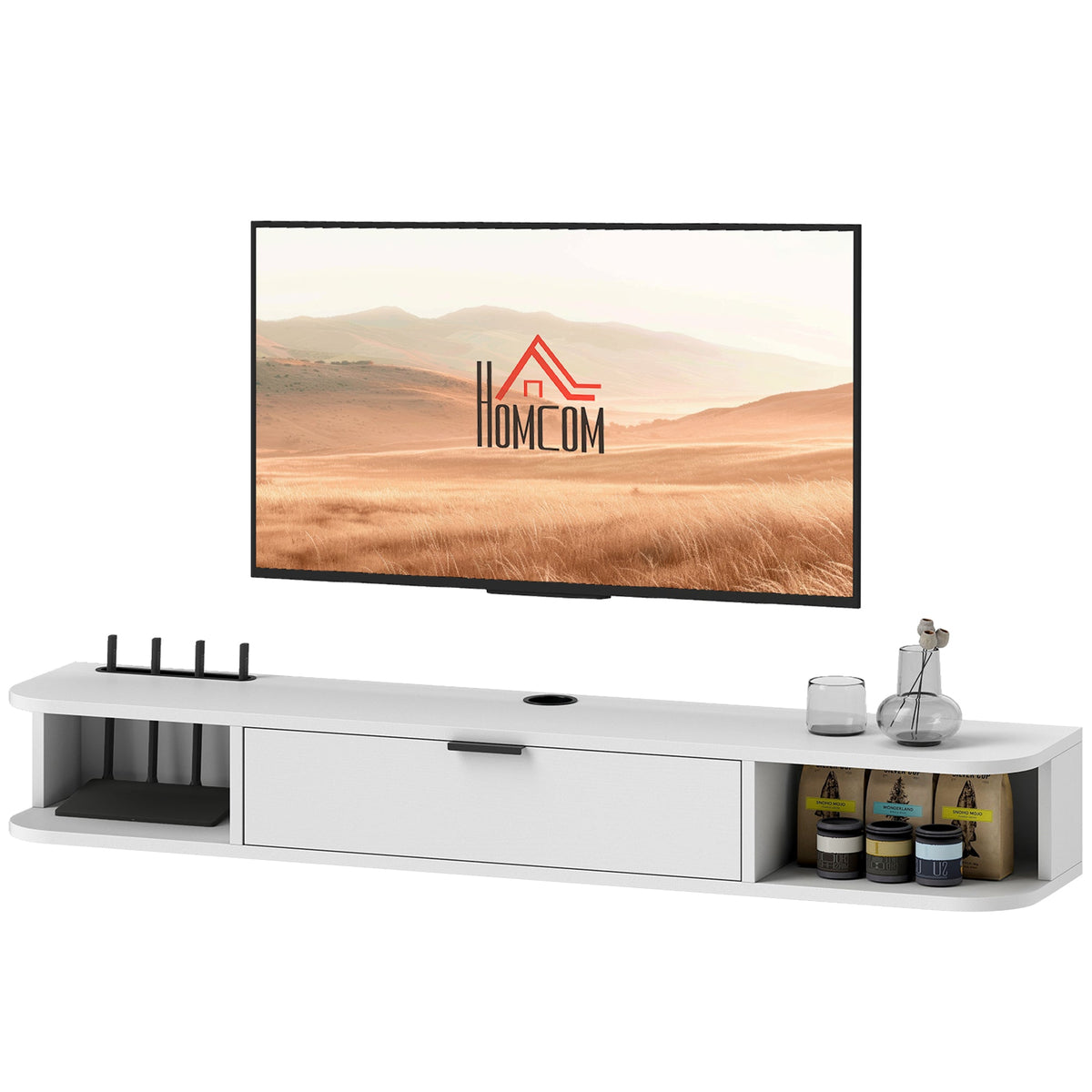 47" Floating TV Stand for TVs up to 50 Inch, Wall Mounted Media Console with Flip Drawer and 2 Open Shelves, Walnut