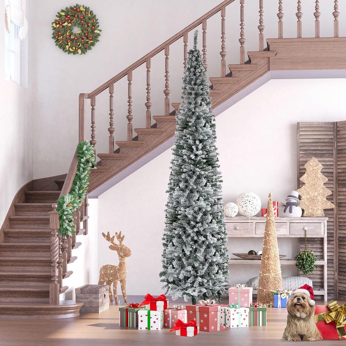 6ft Flocked Christmas Tree, Pencil Christmas Tree with Realistic Branch Tips, Folding Metal Stand, Green