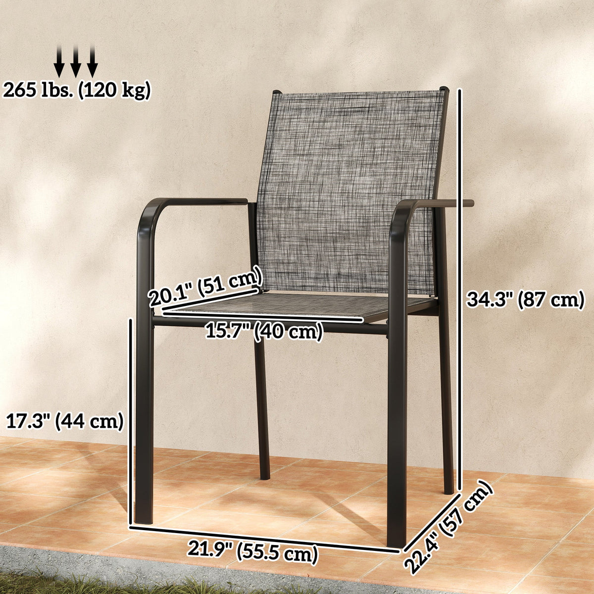 Stackable Patio Chairs Set of 4, Outdoor Dining Chairs with 20" Deep Seat, All Weather Breathable Mesh, Armrests, Black