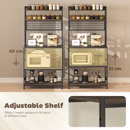 Kitchen Baker's Rack with Power Outlet and LED Light, 5-Tier Coffee Bar Station with 10 Hooks, Grey