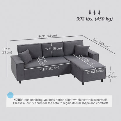 Corner Sofa with Changeable Chaise, Corduroy L-Shaped Sectional Sofa with Pocket Spring, 2 Pillows, Charcoal Grey