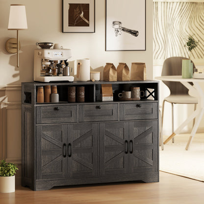 Sideboard, Buffet Cabinet with 4 Barn Doors and 3 Drawers, Coffee Bar Cabinet with Adjustable Shelves, Black