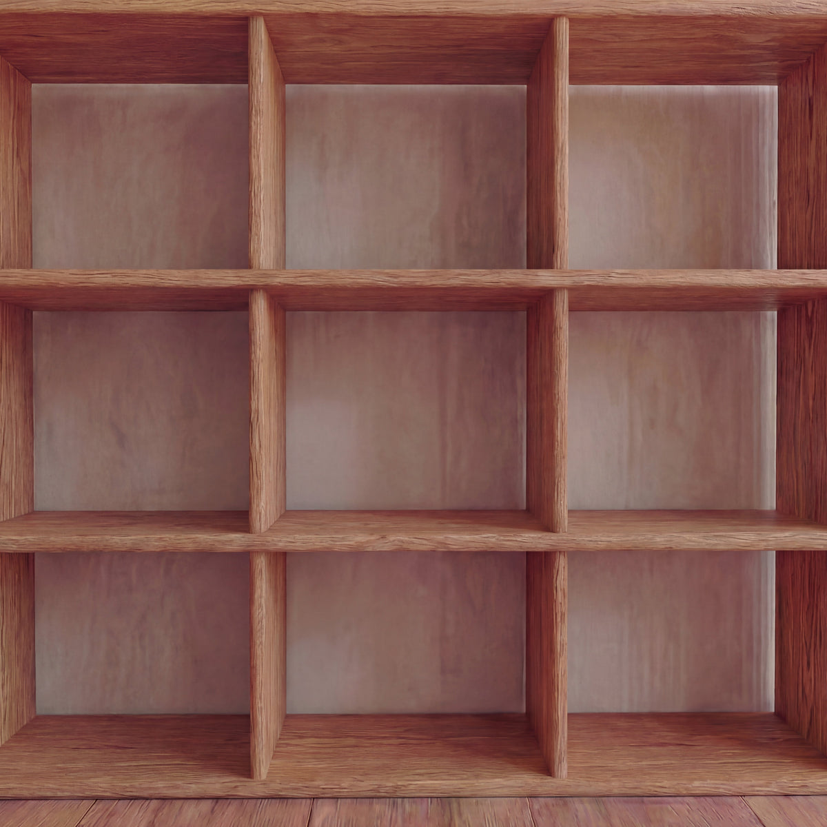 Nine cube bookshelf in red oak