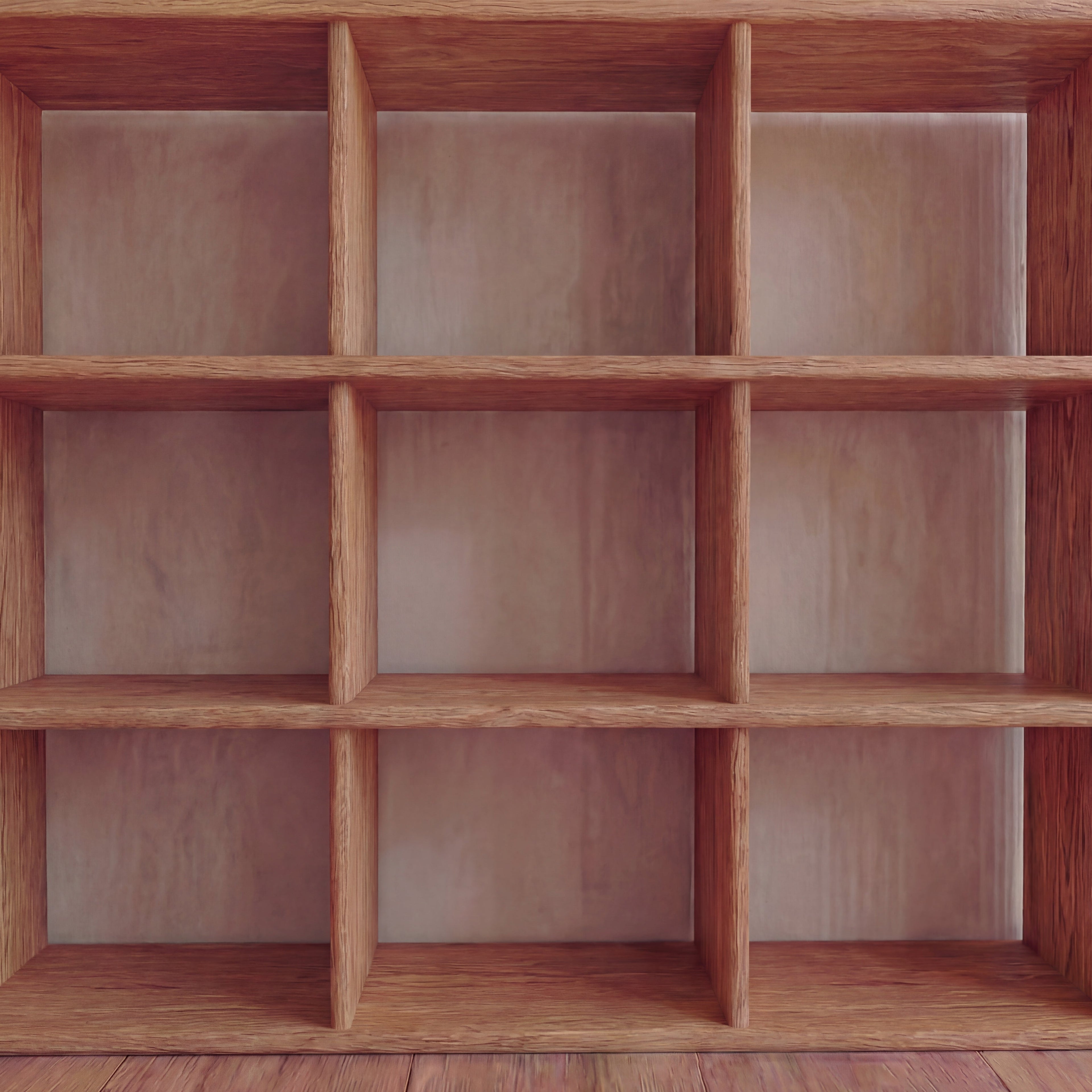 Nine cube bookshelf in red oak