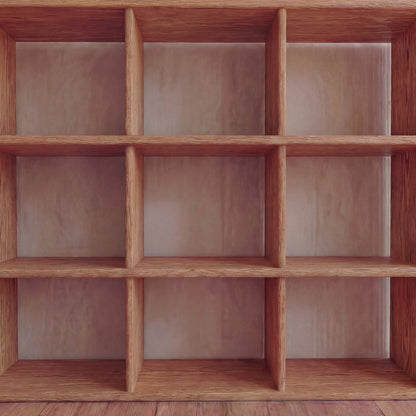 Nine cube bookshelf in red oak