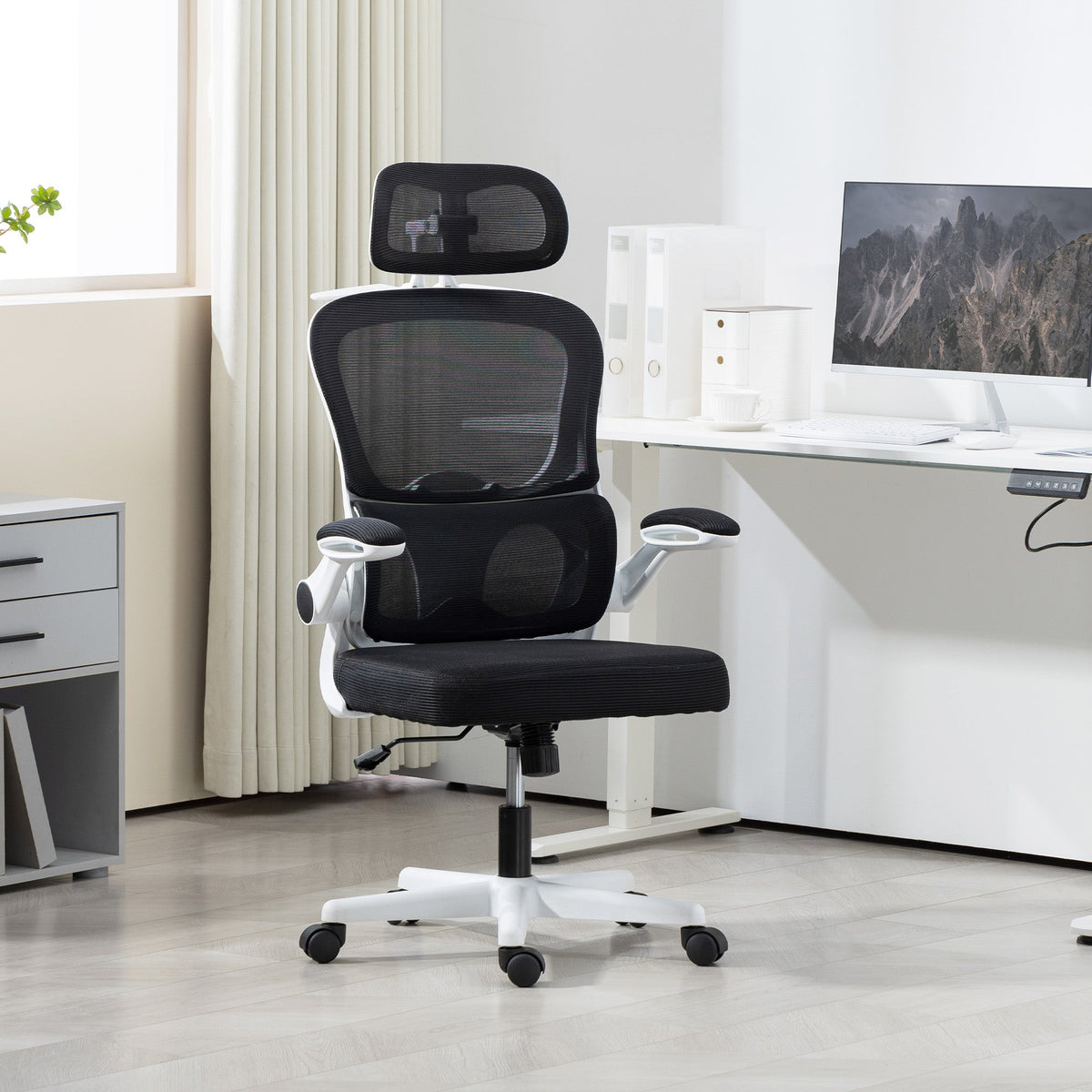 Mesh Office Chair, Ergonomic Desk Chair with Flip-up Armrest, Rotatable Headrest, Adjustable Lumbar Support, Pink