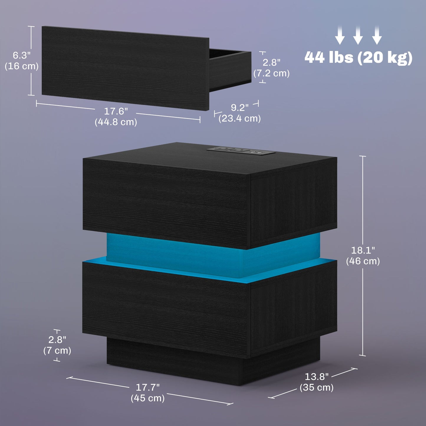 Emma Bedside Table with Charging Station, USB Ports and LED Light-Black