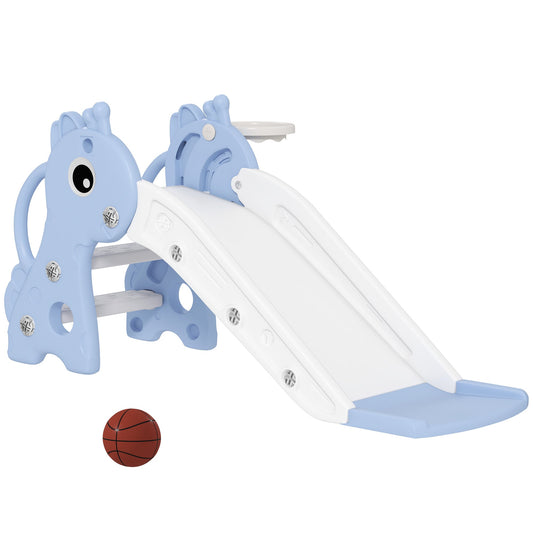 3 in 1 Toddler Slide for Age 1-3, Kids Slide with Climber, Basketball Hoop and Ball, Giraffe Design, Blue