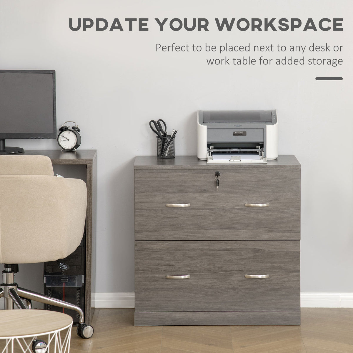 2 Drawer File Cabinet with Lock, Office Filing Cabinet, Hanging Bar for Letter Size, Home Office, Grey