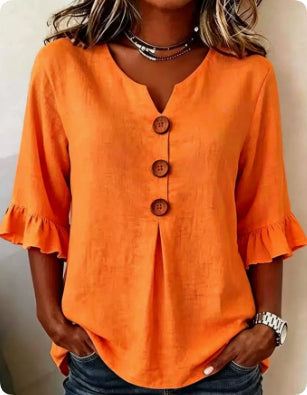 Summer Ruffled-Sleeve Top Loose Casual V-Neck Buttons Short-sleeved Shirts Women's Clothing