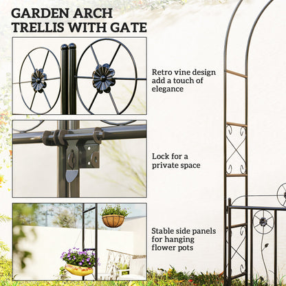 7.4 ft Garden Arch, Outdoor Trellis Arbor with Gate for Climbing Plants, Wedding Arch, Black