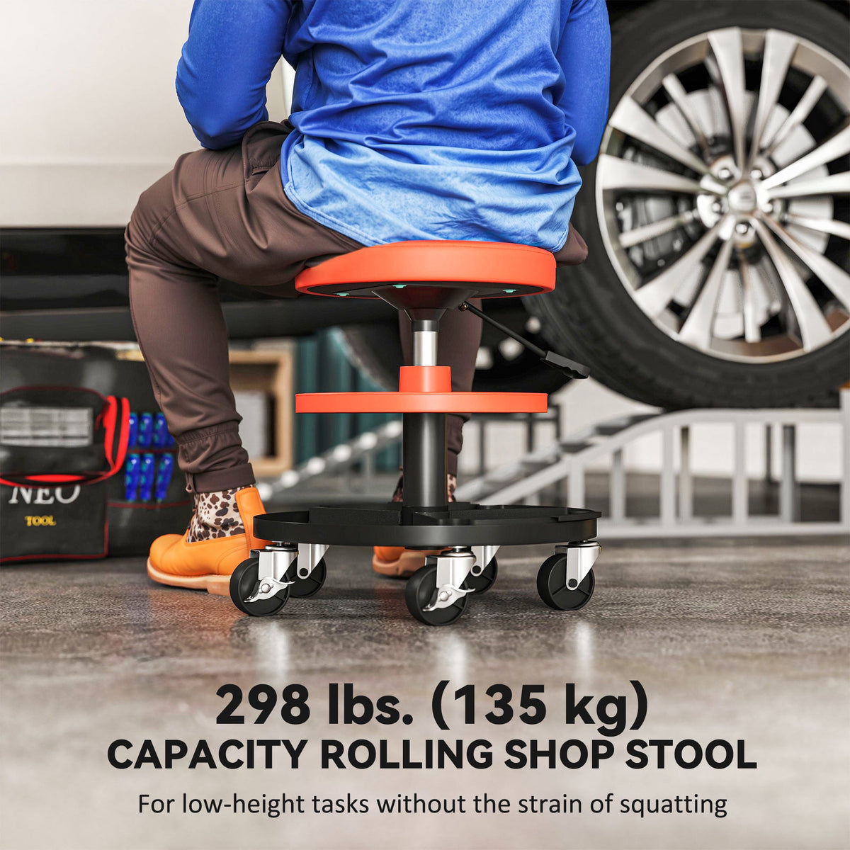 Rolling Garage Stool, 300 LBS Capacity Mechanic Stool with 2.5" Wheels, Tool Trays Storage, Adjustable Height, Red