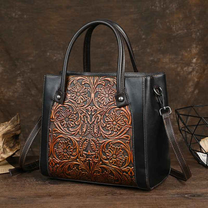 Single-shoulder Slanted-top Full-grain Leather Tote Bag With Leather Carving