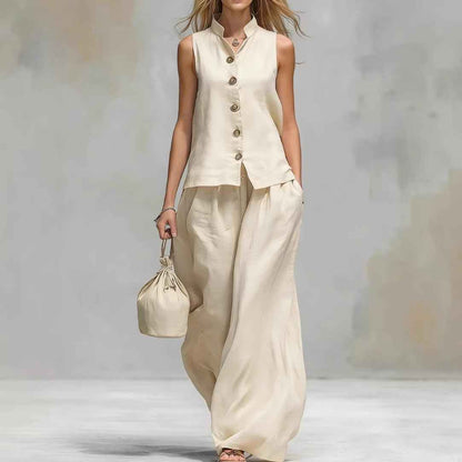 Casual Two-Piece Stand Collar Sleeveless Vest And Matching Pants Set - Summer Women Vest & Pan Two Piece Outfit