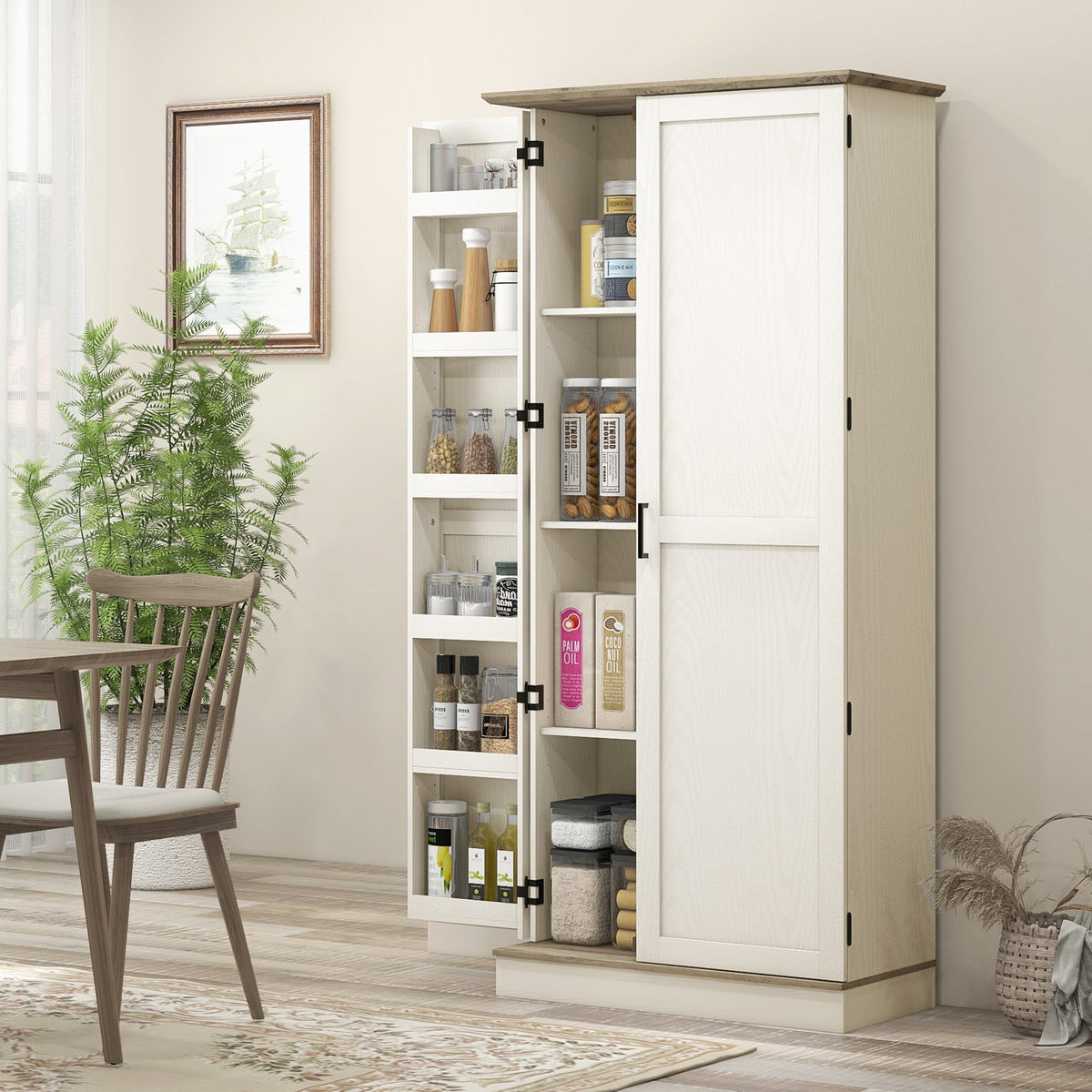 70" Tall Kitchen Pantry Cabinet with Door Shelves and Adjustable Shelves, Black Wood Grain