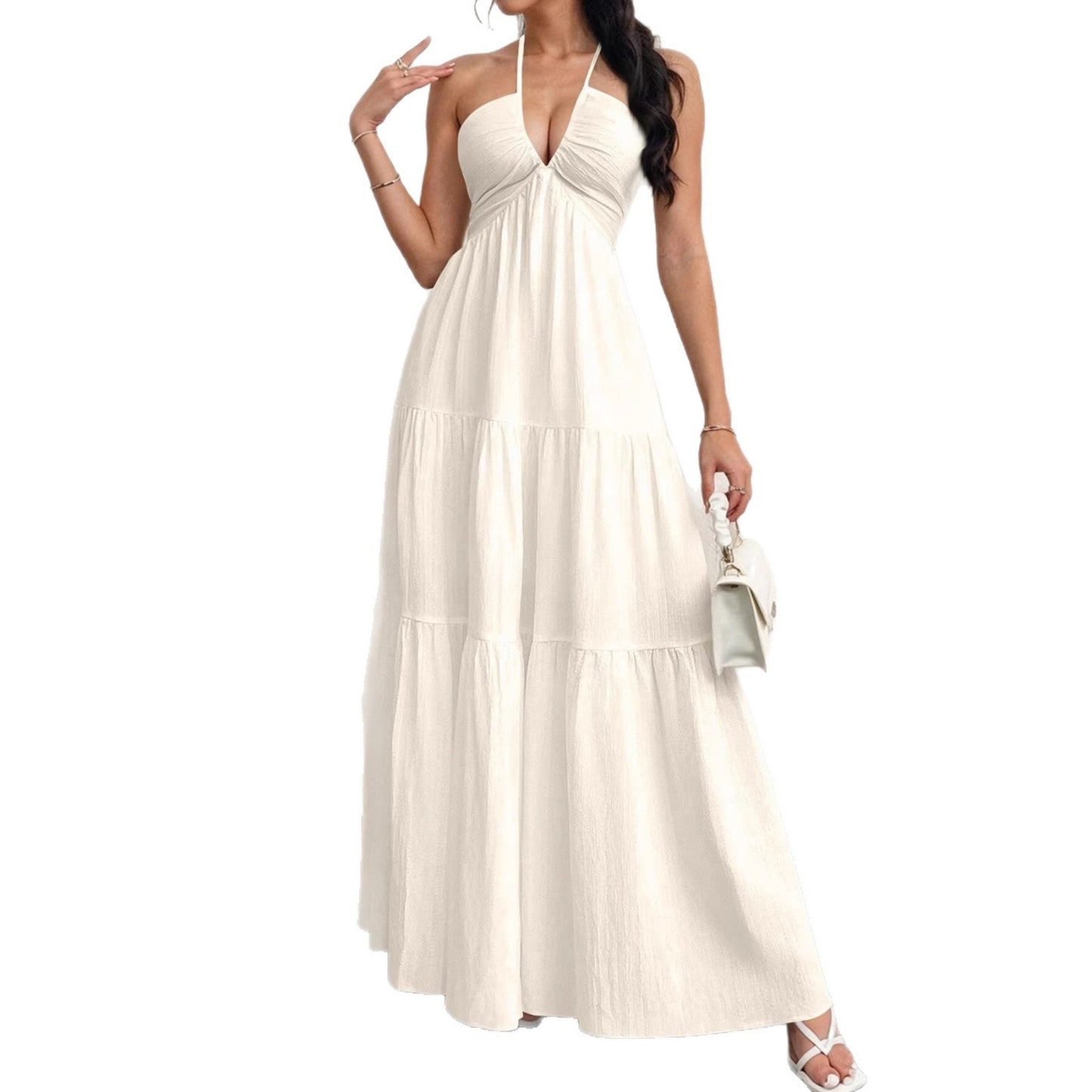 Backless Halterneck V-Neck Pleated A- Line Dress Women's Clothing One-Piece Dress Ankle-length Skirt For Beach Vacation Outfits