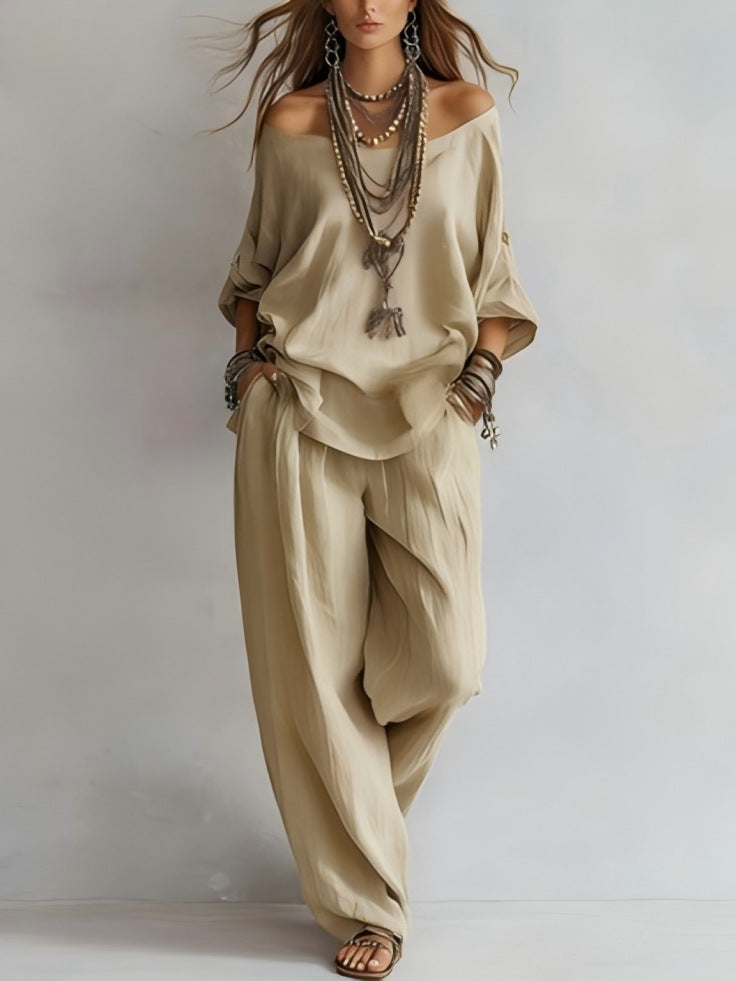 Off-shouder Suits Fashion Three-quarter Sleeves Top And Loose Pockets Wide-Leg Pants Set Women's Clothing