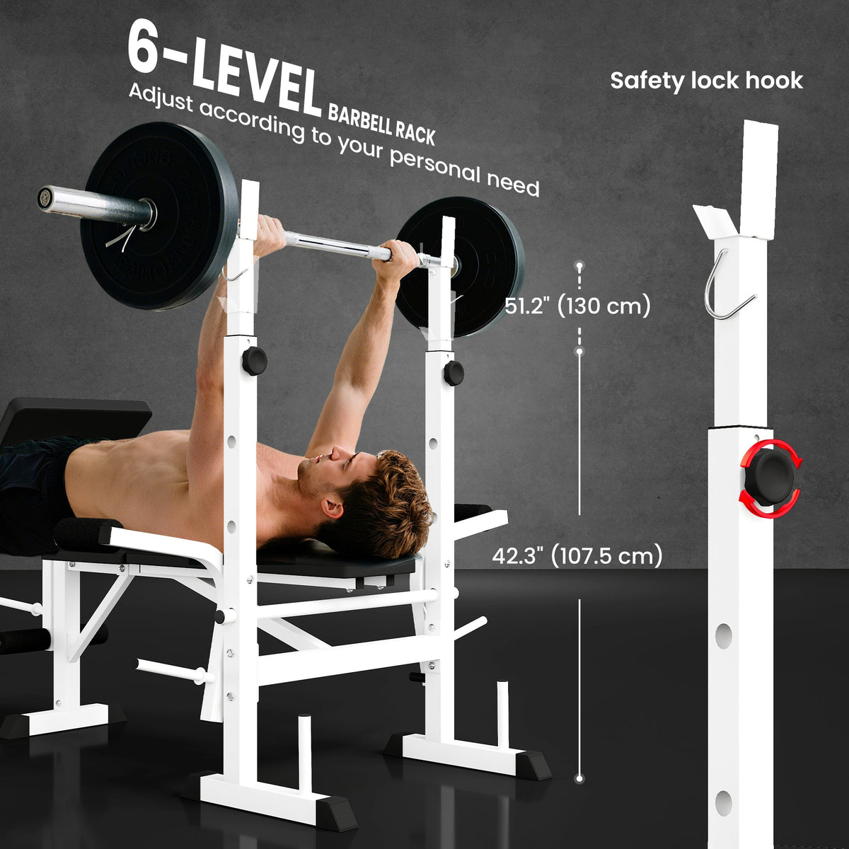 Bench Press Set Adjustable Weight Bench with Squat Rack, Preacher Curl Pad, Leg Developer and Weight Storage, White