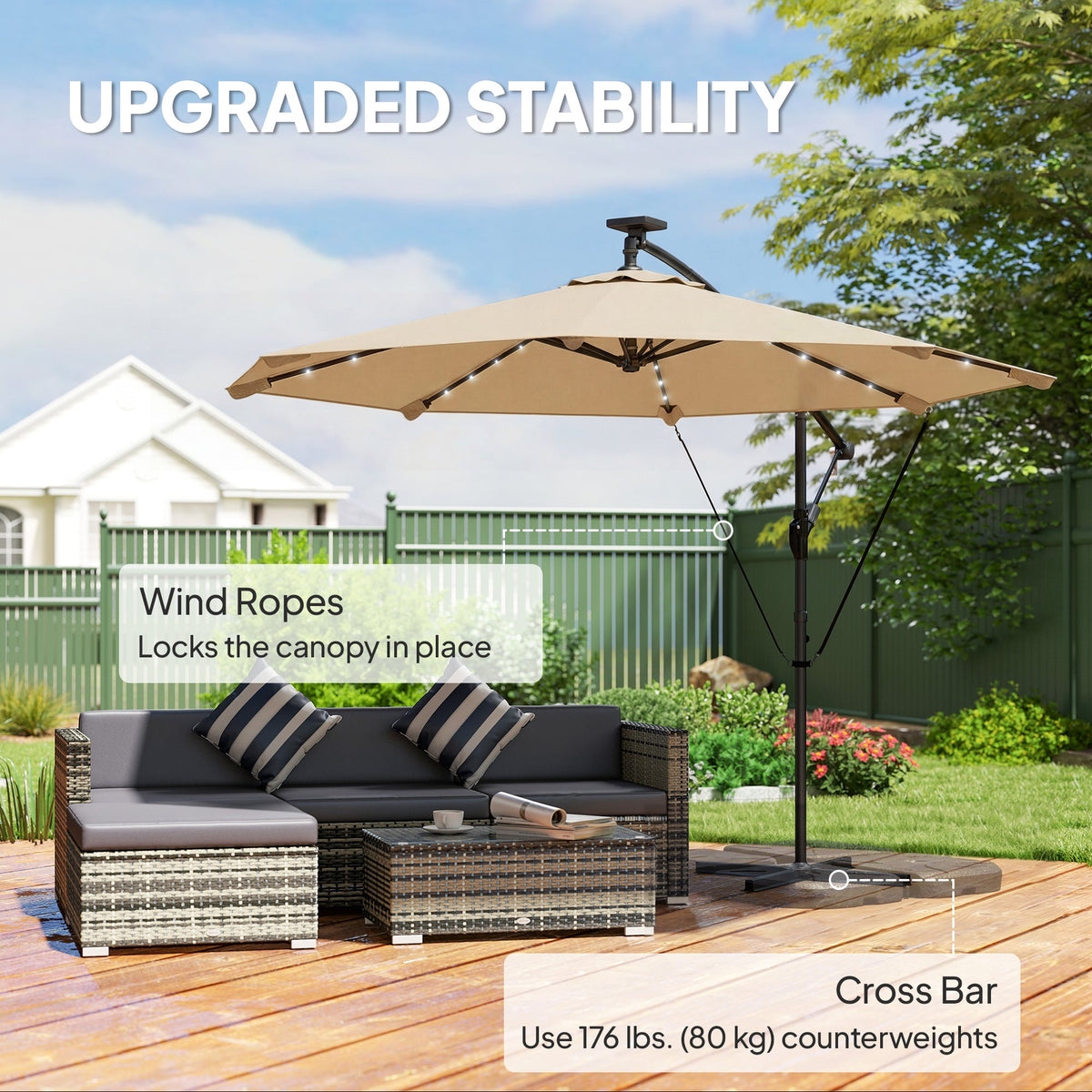 9.7ft Solar LED Cantilever Patio Umbrella with 32 LED Lights, Cross Base, Crank Handle, for Poolside, Deck, Dark Blue