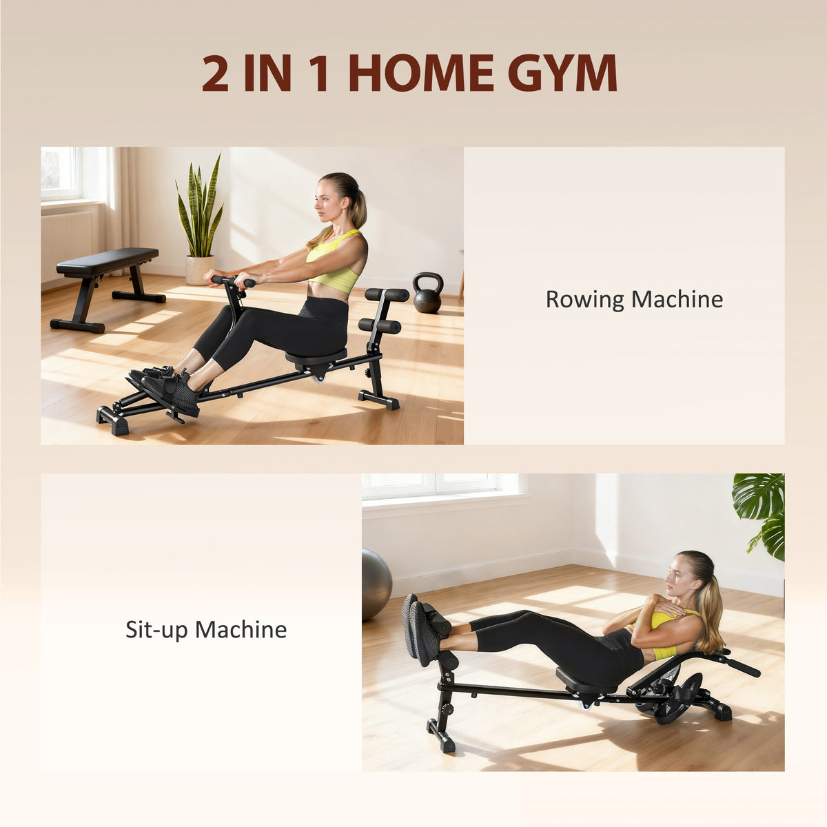 Hydraulic Rowing Machine with LCD Monitor, Sit-Up Function for Home Gym, Black