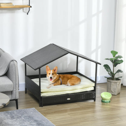Rattan Dog House with Canopy, Wicker Dog Bed with Water-Resistant Cushion, for Small and Medium Breeds Blue
