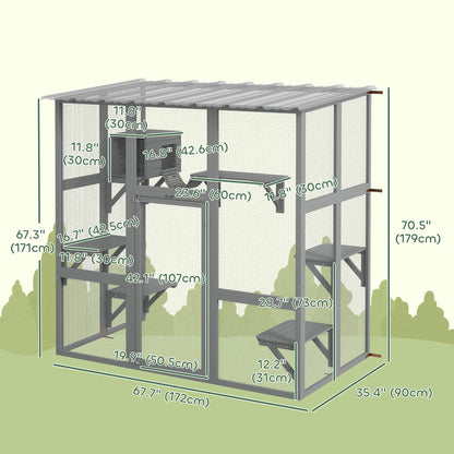 Large Outdoor Catio with Weatherproof Roof, Bridge, Resting Box, Platforms, Grey
