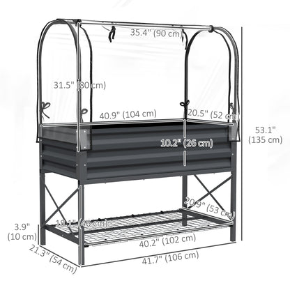 Raised Garden Bed with Cover, Metal Elevated Planter Box with Bottom Shelf and Liner, Black