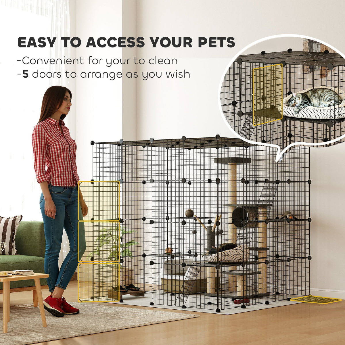 4 Tier DIY Cat Cage Indoor, Catio for 1-3 Cats with Hammock, 5 Doors, 3 Ramps, 3 Jumping Platforms, for 1-3 Cats, Black