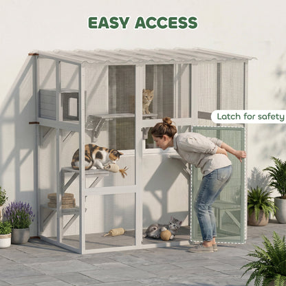 Large Outdoor Catio with Weatherproof Roof, Bridge, Resting Box, Platforms, Grey