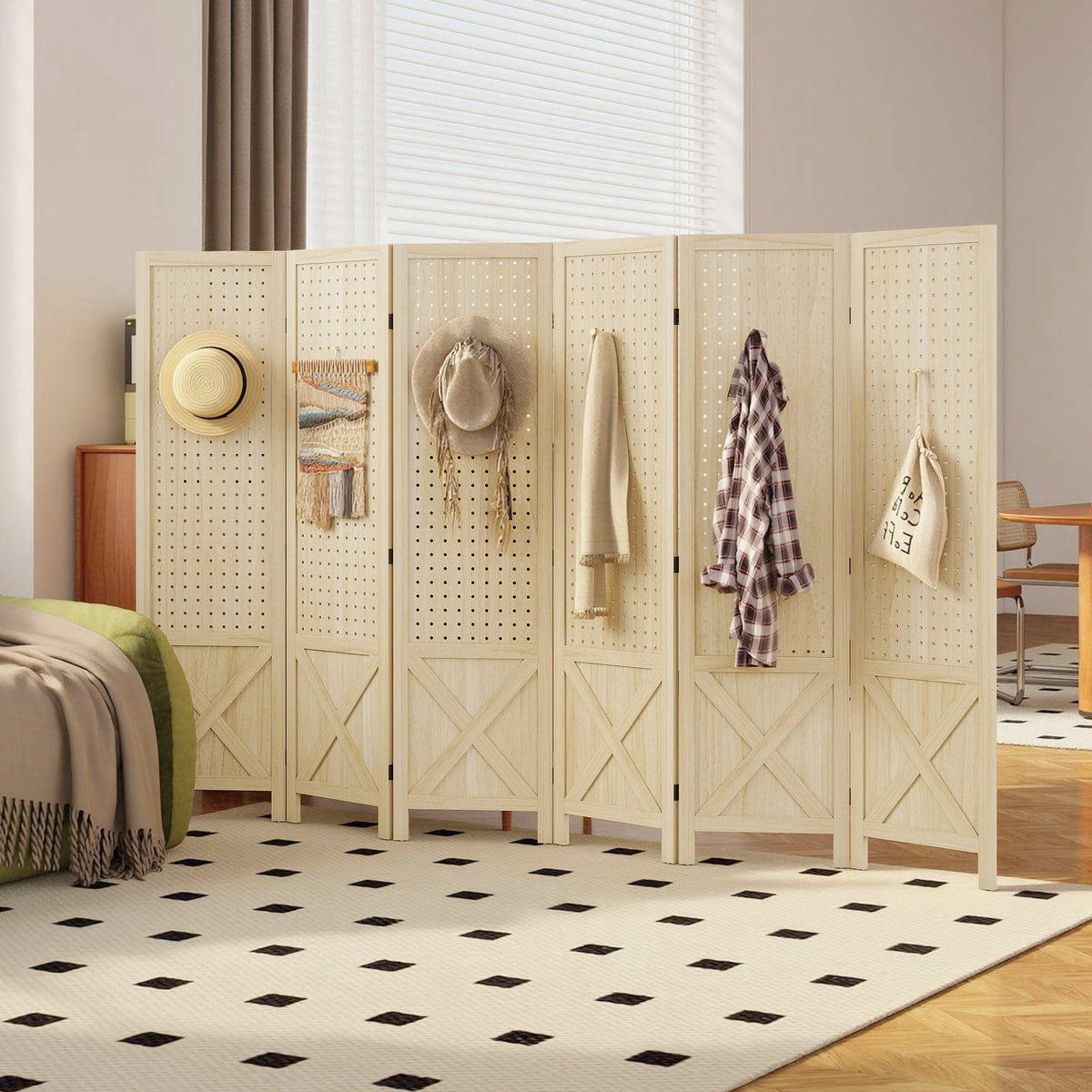 4.7' 3 Panel Wooden Room Divider with Pegboard Display, Folding Privacy Screen for Home Office, Natural