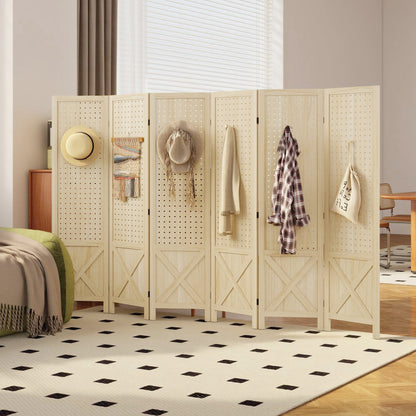 4.7' 3 Panel Wooden Room Divider with Pegboard Display, Folding Privacy Screen for Home Office, Natural