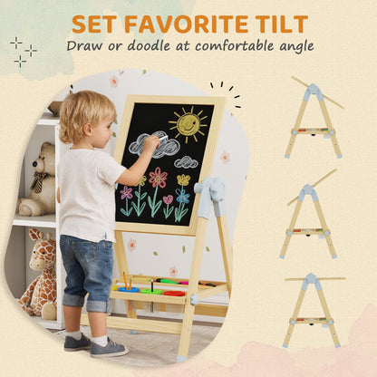 Wooden Art Easel, Double Sided Kids Easel with Height Adjustable Chalkboard and Magnetic Whiteboard, Natural