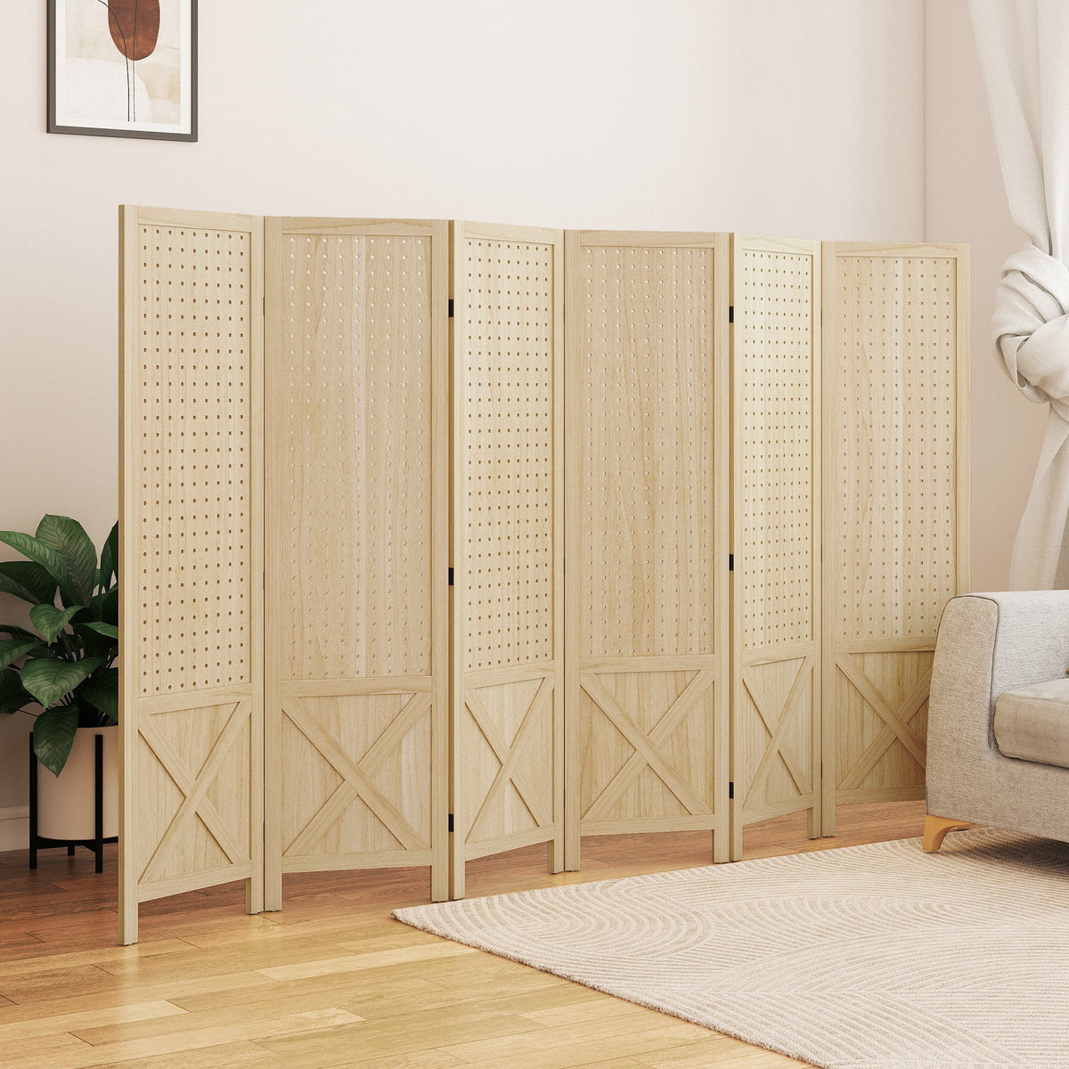 4.7' 3 Panel Wooden Room Divider with Pegboard Display, Folding Privacy Screen for Home Office, Natural