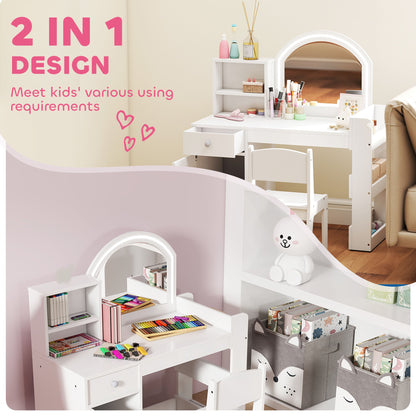 Kids Vanity Set, Toddler Dressing Table and Chair Set with Lighted Mirror, Cabinet, Drawer and Shelves, Pink