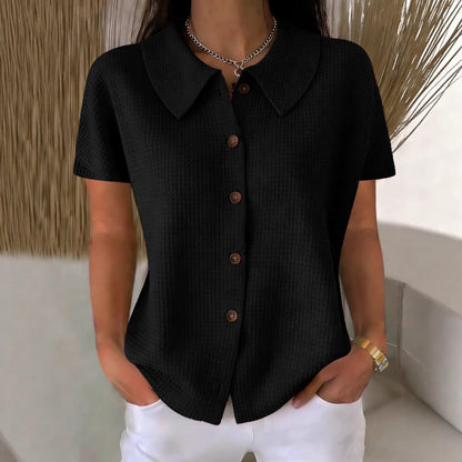Turn-Down Collar Waffle Weave Solid Color Casual Loose Fit Short Sleeve Shirt - Women's Cotton Blend Lightweight Summer Top For Daily Wear