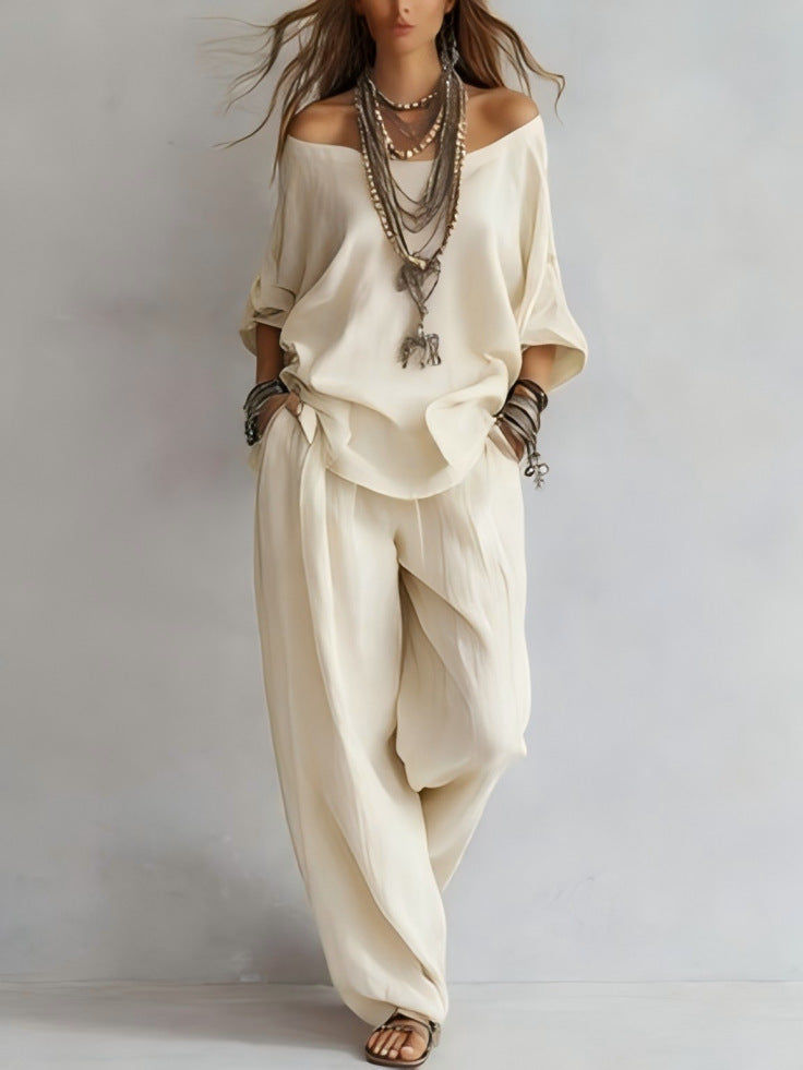 Off-shouder Suits Fashion Three-quarter Sleeves Top And Loose Pockets Wide-Leg Pants Set Women's Clothing