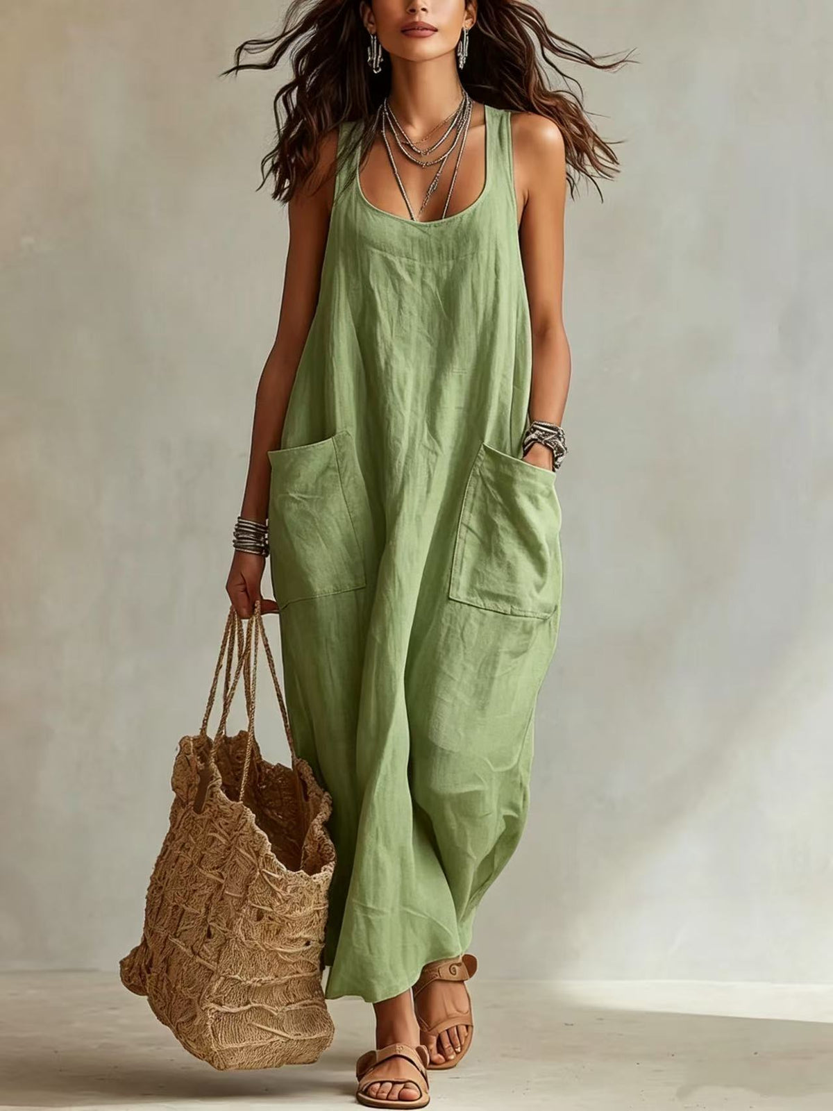 Elegant Casual Long Slip Dress With Pockets