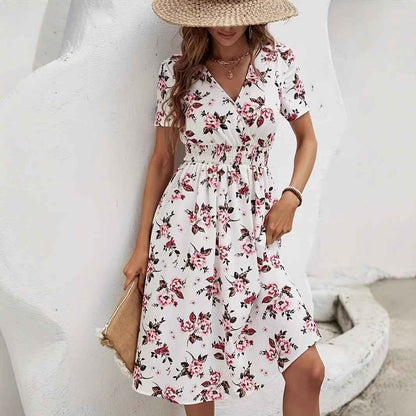New Short Sleeve Cross Collar Dress Elastic Waist Printed Dress