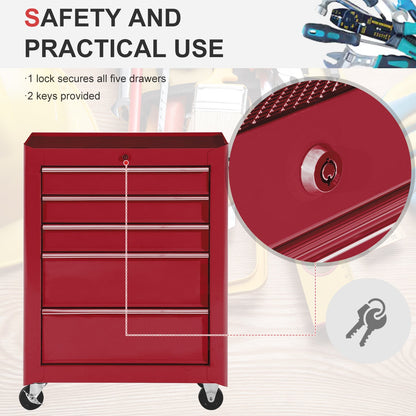 5-Drawer Rolling Tool Cabinet on Wheels, Lockable Tool Chest, Tool Organizer for Garage, Factory and Workshop, Black