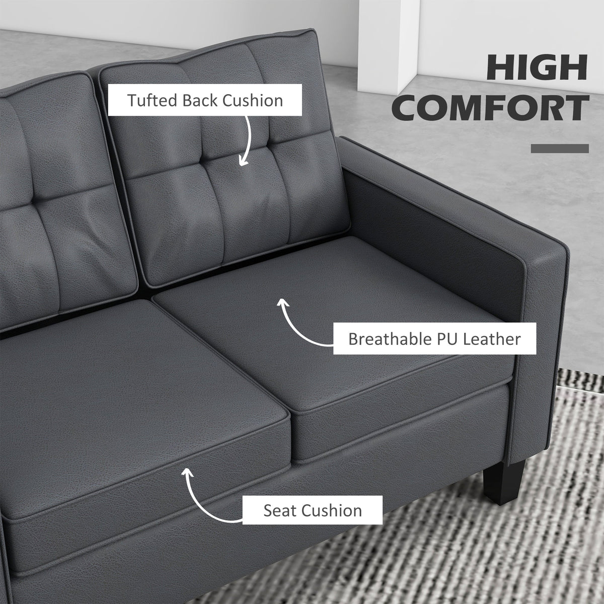 51" Double Sofa Couch, Upholstered PU Leather Loveseat with Armrests, Tufted Backrest, Cushion, Black