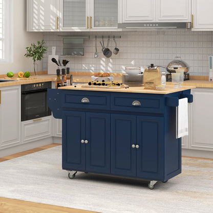 Kitchen Island with Storage, Rolling Kitchen Island with Drop Leaf, Rubber Wood Top and Adjustable Shelves, Navy Blue