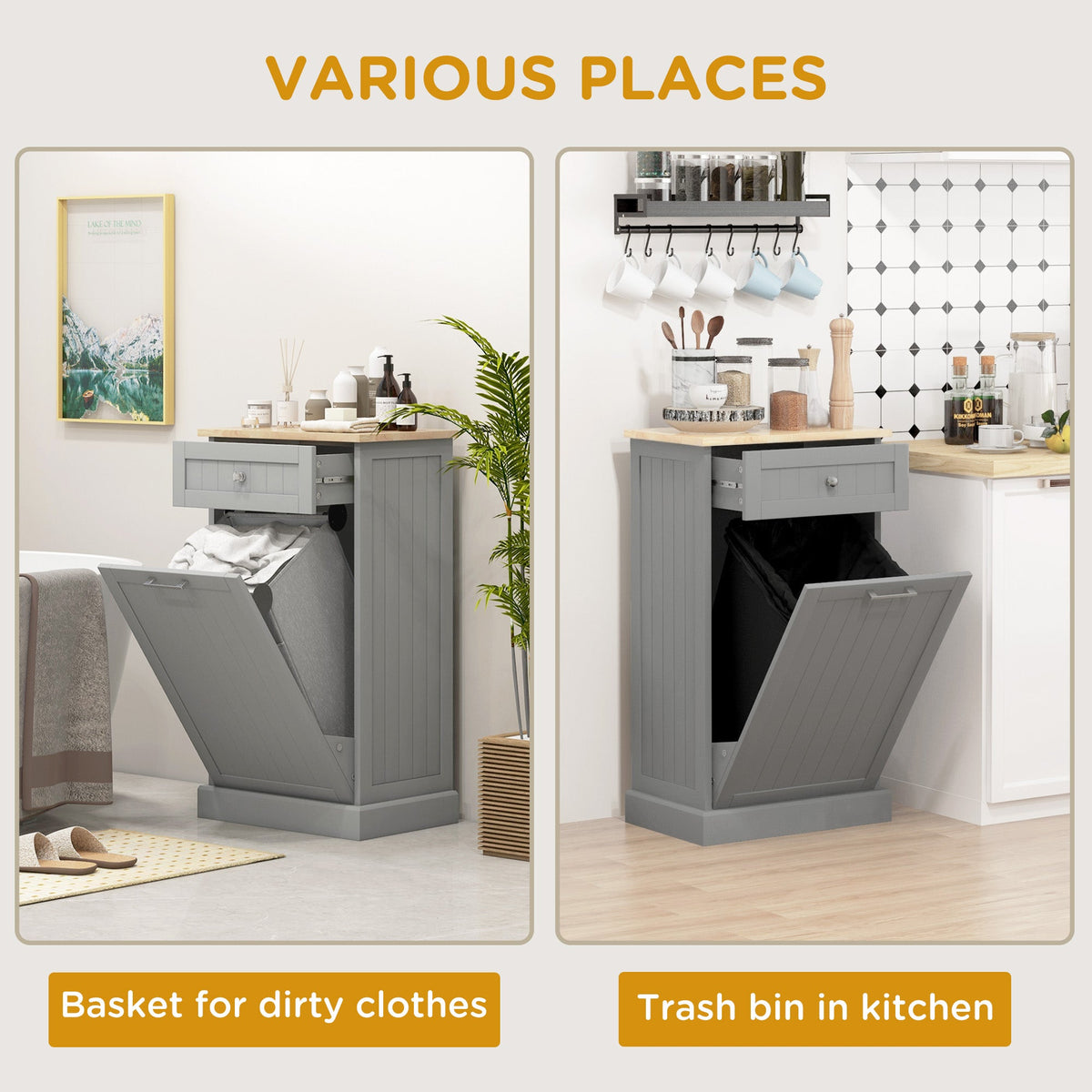 Kitchen Tilt Out Trash Bin Cabinet, Free Standing Recycling Cabinet, Trash Can Holder with Drawer, White